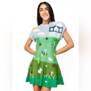 QUEEN OF SPARKLES Pastel Blue and Green Scenic Knit Dress